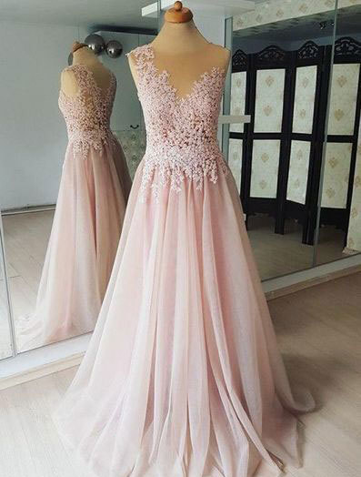 Sheer Neck Long Prom Dresses with Appliques