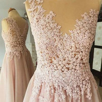 Sheer Neck Long Prom Dresses with Appliques - Thumbnail 1