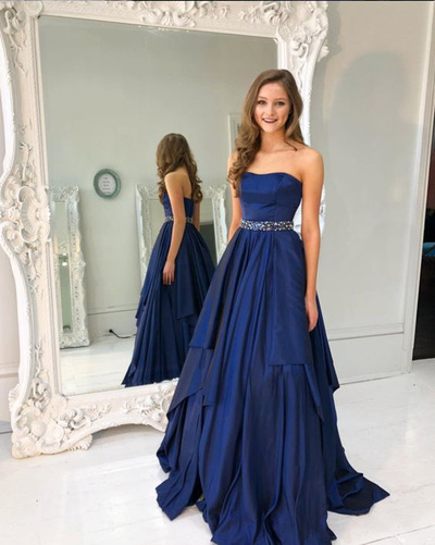 A-Line Tube Navy Blue Long Prom Dress with Beading