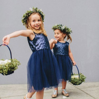 Princess Sequins Navy Blue Tulle Flower Girl Dresses - Thumbnail 1