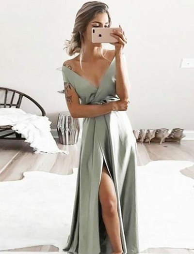 Off the Shoulder Sage V Neck Split Side Prom Dresses