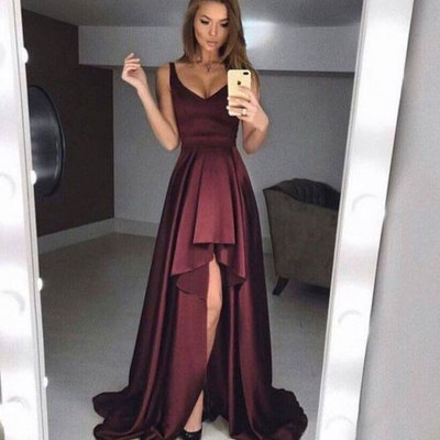 Maroon v neck hi low prom dresses for women - Thumbnail 4