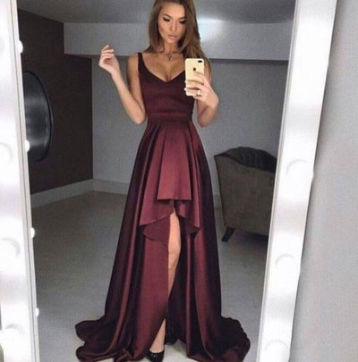 Maroon V Neck Hi Low Prom Dresses for Women