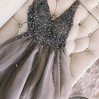 V Neck Grey Beading Homecoming Dress,Beaded Short Prom Dress,2019 Short Homecoming Dresses - Thumbnail 1