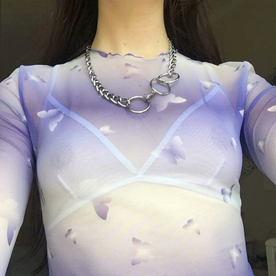 See-through pastel purple gradient butterfly printed mesh top