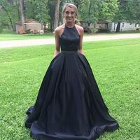 Ball Gown Black Satin Long Prom Dresses with Pockets,2019 Prom Dresses,Black Prom Dresses,Black Evening Dresses - Thumbnail 2