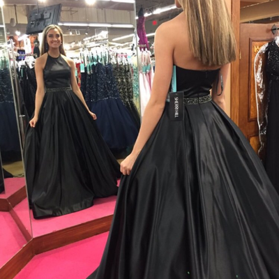 Ball gown black satin long prom dresses with pockets,2019 prom dresses,black prom dresses,black evening dresses - Thumbnail 5