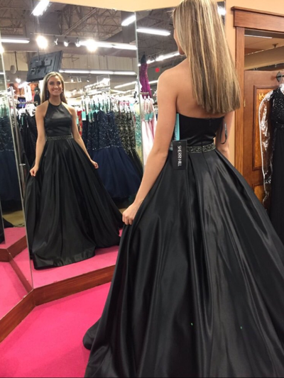Ball Gown Black Satin Long Prom Dresses with Pockets,2019 Prom Dresses,Black Prom Dresses,Black Evening Dresses
