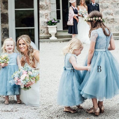 Sweet Blue Ankle Length Flower Girl Dresses with Appliques