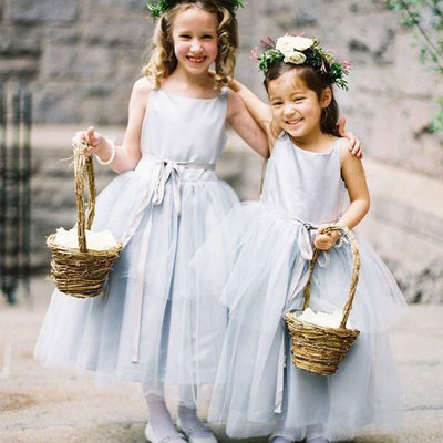 Light sky blue ankle length flower girl dresses with sash - Thumbnail 5