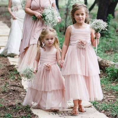 Pale pink ankle length flower girl dresses waist with handmade flower - Thumbnail 4
