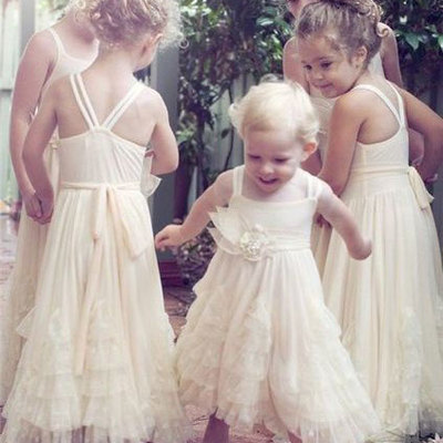 Pale pink floor length flower girl dresses with handmade flower - Thumbnail 5
