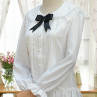 cute bow embroidered long-sleeved blouse - Thumbnail 1