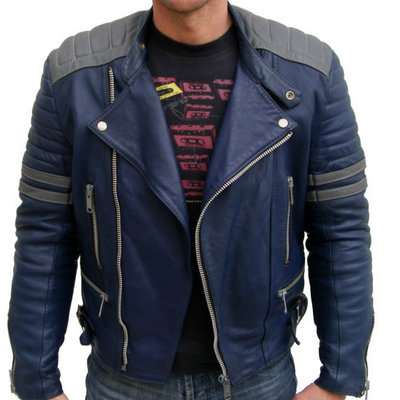 Handmade blue real leather jacket, men's bomber leather fashion jacket - Thumbnail 5