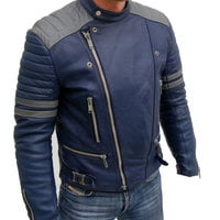 handmade Blue Real Leather Jacket, Men's Bomber Leather Fashion Jacket - Thumbnail 2