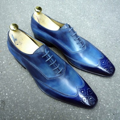 Oxford two tone blue wing tip real leather lace up shoes men formal dress shoes - Thumbnail 5