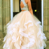 Champagne Two Piece Ball Gown Beaded Long Prom Dresses - Thumbnail 1