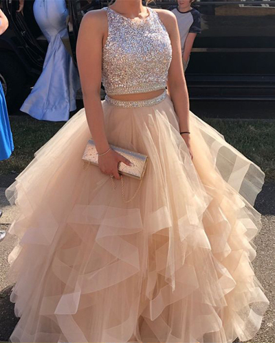 Champagne Two Piece Ball Gown Beaded Long Prom Dresses