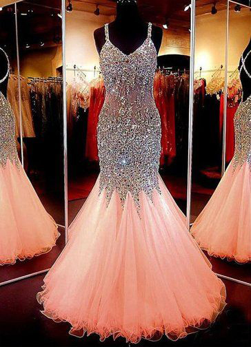 Mermaid Coral Beaded Prom Dresses,Gorgeous Prom Dresses