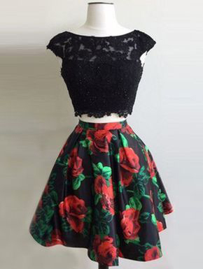 Two Piece Floral Lace Black Homecoming Dresses, Short Prom Dresses