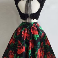 Two Piece Floral Lace Black Homecoming Dresses, Short Prom Dresses - Thumbnail 1