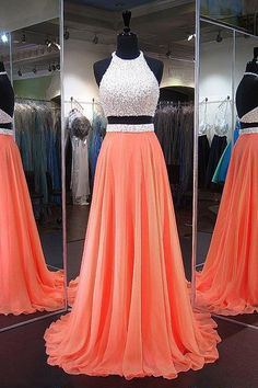 Two Piece Coral White Long Prom Dresses,Beaded Prom Dresses