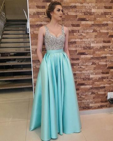 A Line V Neck Mint Long Prom Dresses with Pockets,2019 Beaded Long Prom Dresses