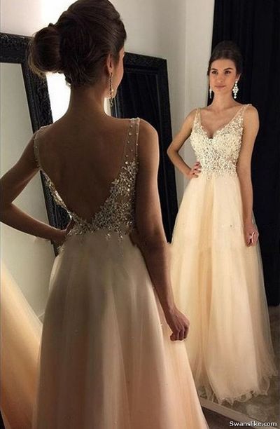 A Line V Neck Yellow Lace Prom Dresses,2019 Beaded Long Prom Dresses