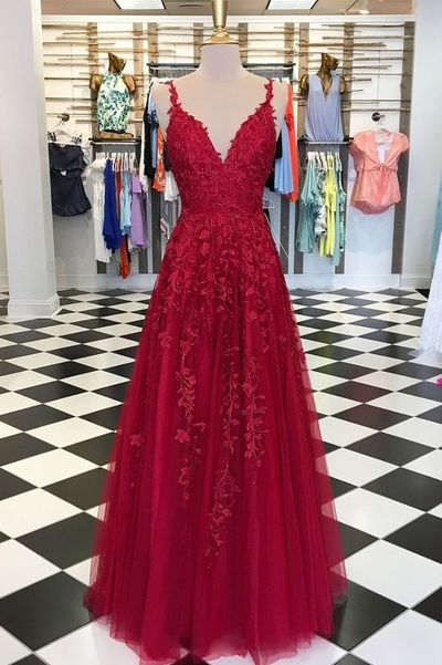 2019 Fashion Burgundy Lace Prom Dresses,2019 Long Prom Dresses