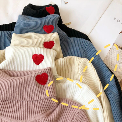 High collar red heart embroidery knitted top