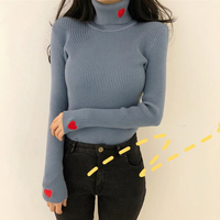 High Collar Red Heart Embroidery Knitted Top - Thumbnail 2