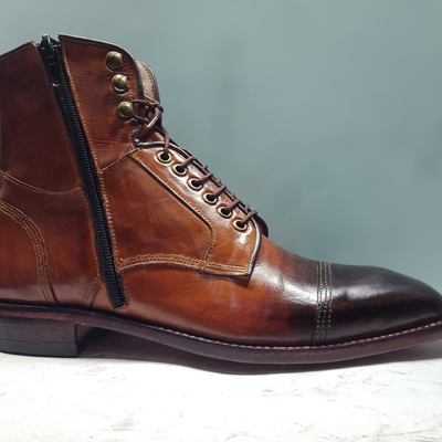 Handmade brown 2 tone boot, leather lace up ankle high boot - Thumbnail 5