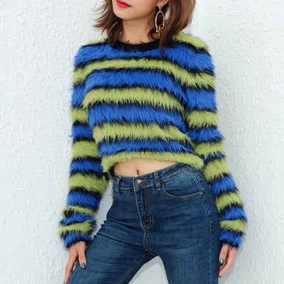 Fuzzy green blue color block stripe fluffy top sweater