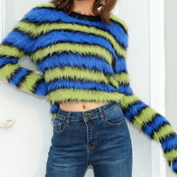 Fuzzy Green Blue Color Block Stripe Fluffy Top Sweater - Thumbnail 1