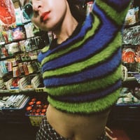 Fuzzy Green Blue Color Block Stripe Fluffy Top Sweater - Thumbnail 3