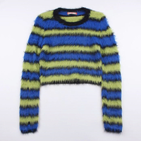 Fuzzy Green Blue Color Block Stripe Fluffy Top Sweater - Thumbnail 4