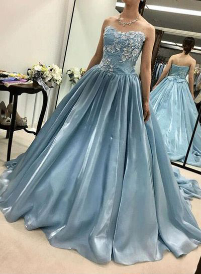 Elegant Ball Gown Sweetheart Blue Organza Long Prom Dresses with Appliques,Quinceanera Dresses