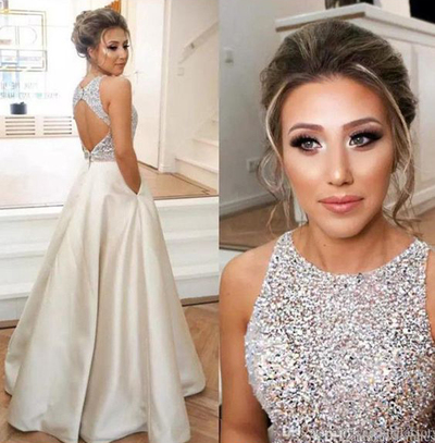 2019 Long Prom Dress,Beaded A-Line Evening Party Dress with Pockets