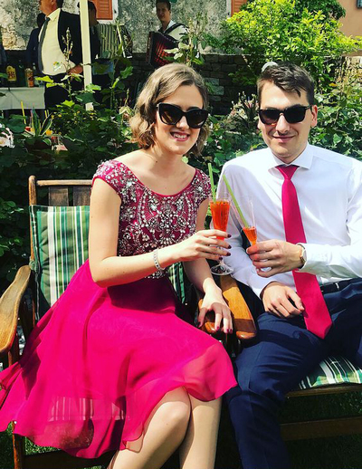 Pretty Round Neck Cap Sleeve Beaded A-Line Hot Pink Homecoming Dress, Short Prom Dress