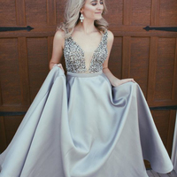 New Arrival Gorgeous V Neck Backless Light Grey Satin Prom Dress with Beading, Formal Evening Dress Custom Made - Thumbnail 1