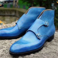 Handmade Double Monk Boot, Men's Straps Blue Color Leather Fashion Boot - Thumbnail 1