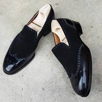 Handmade Black Suede Leather Shoes, Men's Dress Formal Wingtip Shoes - Thumbnail 1