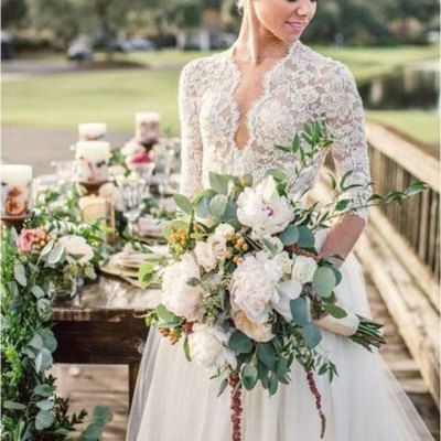 V neck 3/4 long sleeves wedding dresses with appliques lace - Thumbnail 4