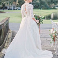 V Neck 3/4 Long Sleeves Wedding Dresses with Appliques Lace - Thumbnail 1