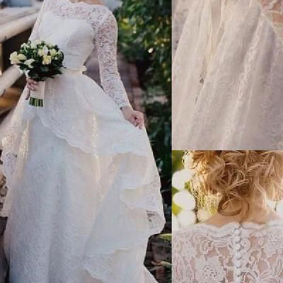 A line long sleeves wedding dresses bridal gown with appliques - Thumbnail 5