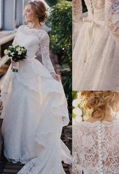 A Line Long Sleeves Wedding Dresses Bridal Gown with Appliques