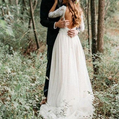 V neck half sleeves long backless wedding dresses with appliques lace - Thumbnail 4