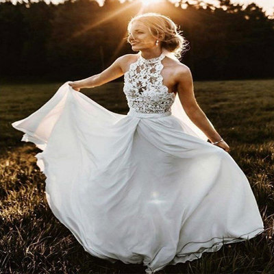 Halter long wedding dresses bridal gown with lace appliques - Thumbnail 5