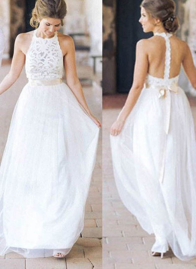 Vintage Halter Long Wedding Dresses with Sash Appliques
