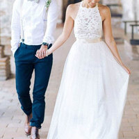 Vintage Halter Long Wedding Dresses with Sash Appliques - Thumbnail 1